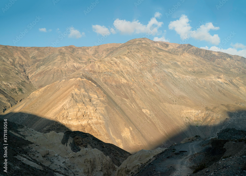 Elevated view of Himalayas and Spiti valley in summer. Near Nako, India.