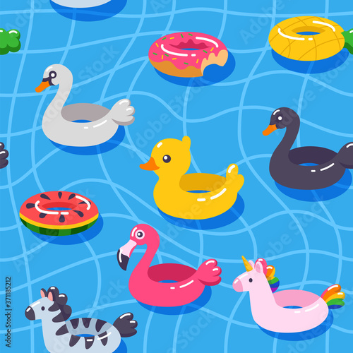 Seamless vector pattern summer swimming pool floats. Inflatable circle (rubber rings) in shape of duck, unicorn, white swan, black swan, zebra, pineapple, watermelon, donut, flamingo