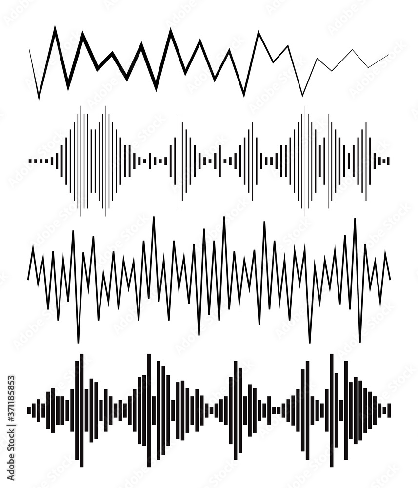 Black sound waves logos, audio symbols on white background. Modern music equalizer elements set. Vector waveform flat isolated illustration.
