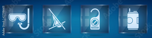 Set Diving mask and snorkel, Sunbed, Please do not disturb and Soda can. Square glass panels. Vector.