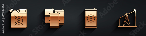 Set Canister for motor machine oil, Barrel oil, Barrel oil with dollar and Oil pump or pump jack icon with long shadow. Vector.