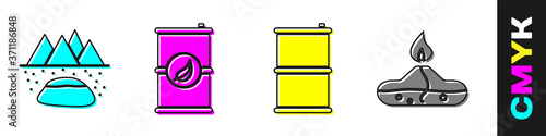 Set Oilfield, Bio fuel barrel, Barrel oil and Alcohol or spirit burner icon. Vector.