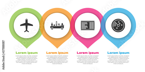 Set Plane, Airport luggage towing truck, Airport board and Radar with targets on monitor. Business infographic template. Vector.
