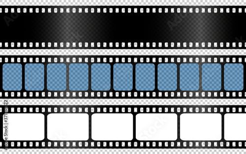 Realistic film strips collection on transparent background. Old retro cinema strip. Vector photo frame. EPS 10