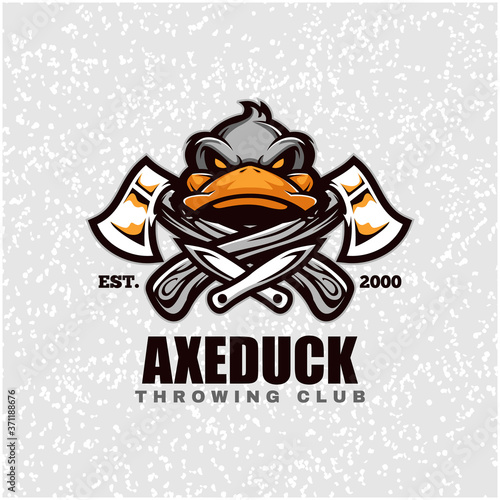 Duck head with axes and knifes, throwing club logo. Design element for company logo, label, emblem, apparel or other merchandise. Scalable and editable Vector illustration.