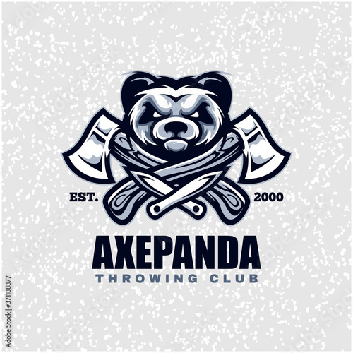 Panda head with axes and knifes, throwing club logo. Design element for company logo, label, emblem, apparel or other merchandise. Scalable and editable Vector illustration.