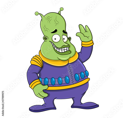 cartoon fat alien waving hand and smiling in purple suit isolated on white background. stock vector illustration