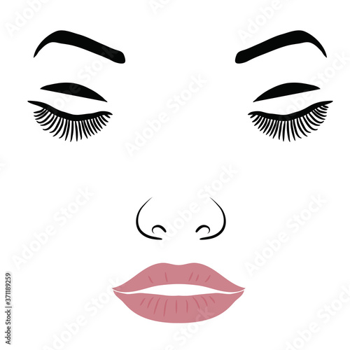 Female Face With Make-up Eyelashes, Eyes And Lips On A White Background. Vector Illustration