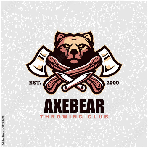 Bear head with axes and knifes, throwing club logo. Design element for company logo, label, emblem, apparel or other merchandise. Scalable and editable Vector illustration.