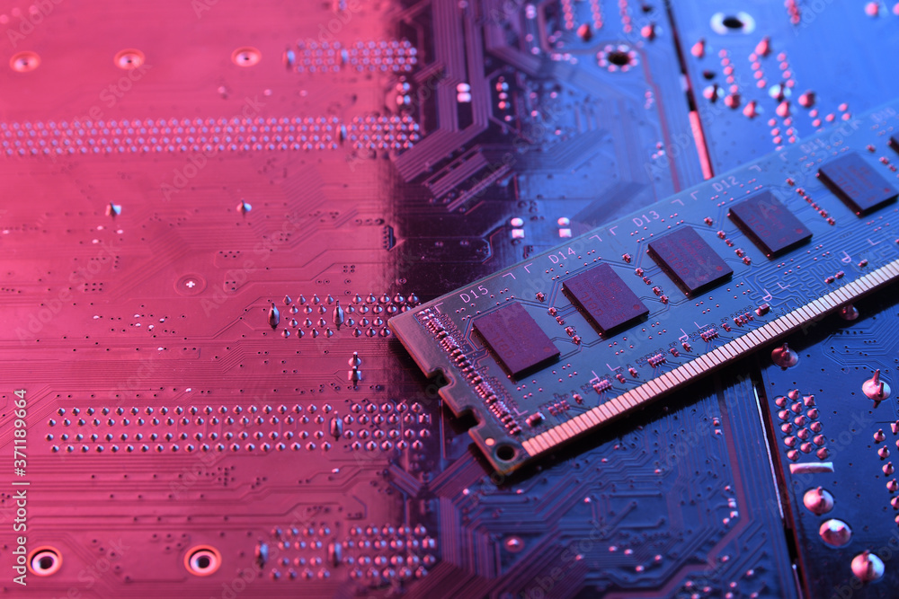 Computer memory RAM on circuit motherboard background . Close up