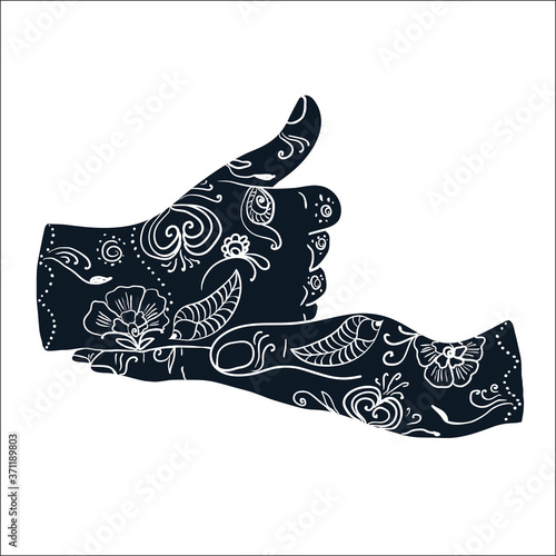 Shiva Linga Mudra with mehendi pattern. Vector Indian The Lovers Mudra positions of hands and fingers outline insignia badges collection. Ideal for yoga classes, spa center and more