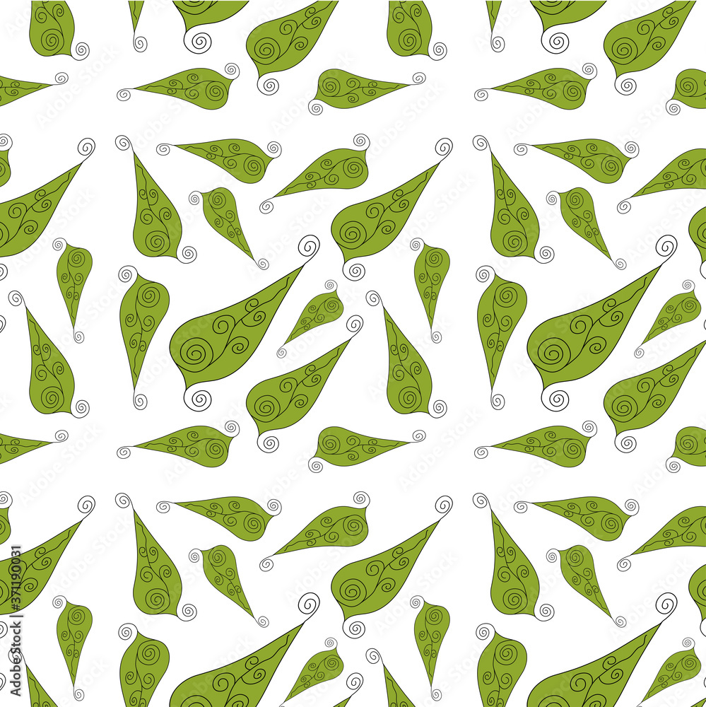 Seamless pattern green swirling spiral leaves of different shapes on a white background Seamless pattern green swirling spiral leaves of different shapes on a white background