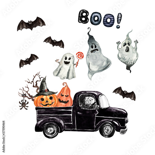 Scary and funny Halloween watercolor illustration with spooky pumpkins in a black pick up truck, flying ghosts, bats, isolated on white background. October holiday card design. photo