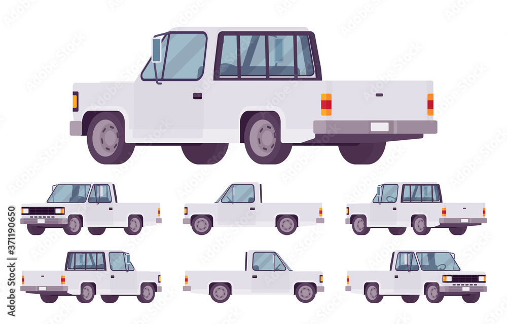 Pickup truck white set with cab and open cargo area. Large passenger van car, commercial vehicle for country travel or city delivery business. Vector flat style cartoon illustration, different views Pickup truck white set with cab and open cargo area. Large passenger van car, commercial vehicle for country travel or city delivery business. Vector flat style cartoon illustration, different views