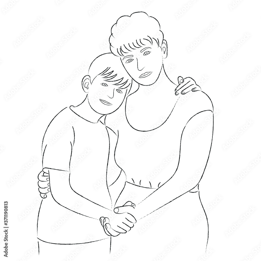 A sketch of a mom and son hug each other, portrait of a woman with a teenager A sketch of a mom and son hug each other, portrait of a woman with a teenager
