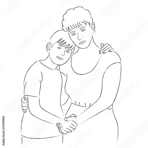 A sketch of a mom and son hug each other, portrait of a woman with a teenager