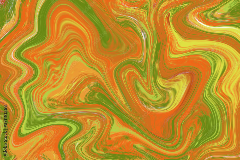 Orange green liquid paint abstraction. Marbled texture for autumn seasonal graphic design. Warm earth palette digital illustration. Abstract floating paint ornament. Natural palette texture