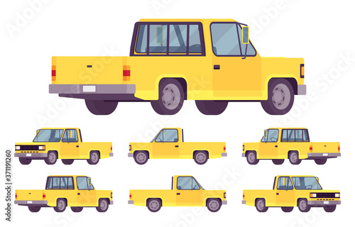 Pickup truck yellow set with cab and open cargo area. Large passenger van car, commercial vehicle for country travel or city delivery business. Vector flat style cartoon illustration, different views