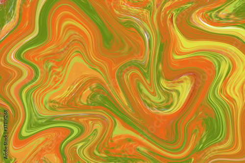 Orange green liquid paint abstraction. Marbled texture for autumn seasonal graphic design. Warm earth palette digital illustration. Abstract floating paint ornament. Natural palette texture