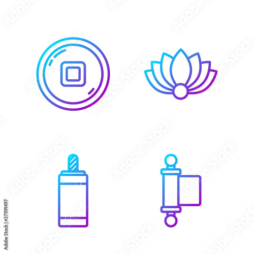 Set line Decree, paper, parchment, scroll, Firework, Chinese Yuan currency and Lotus flower. Gradient color icons. Vector.