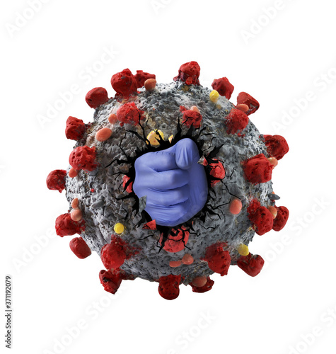 Принти на полотні Medic hand punch coronavirus molecule from inside, defeated virus