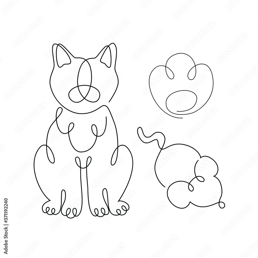 Drawing a cat, footprints, and mouse in the style of line art. Vector logo with an image of an animal. Stock image. Stylish, abstract print with a kitten