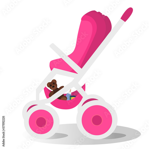 Baby stroller for a girl. Graphic vector drawing in cartoon style. There is a pink color. Can be used for collages of childrens illustrations, web design.