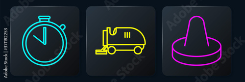 Set line Stopwatch, Mallet for playing air hockey and Ice resurfacer. Black square button. Vector.
