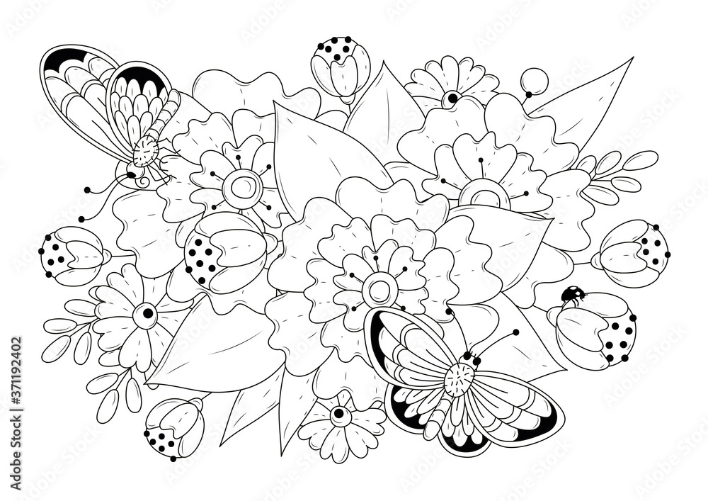 Coloring page for children and adults. Vector black and white illustration depicting flowers, a butterfly and a ladybug. Floral background for design, coloring, printing on fabric or paper, tattoo or 