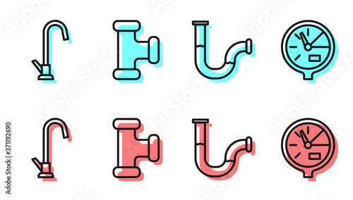 Set line Industry metallic pipe, Water tap, Industry metallic pipe and Water meter icon. Vector.