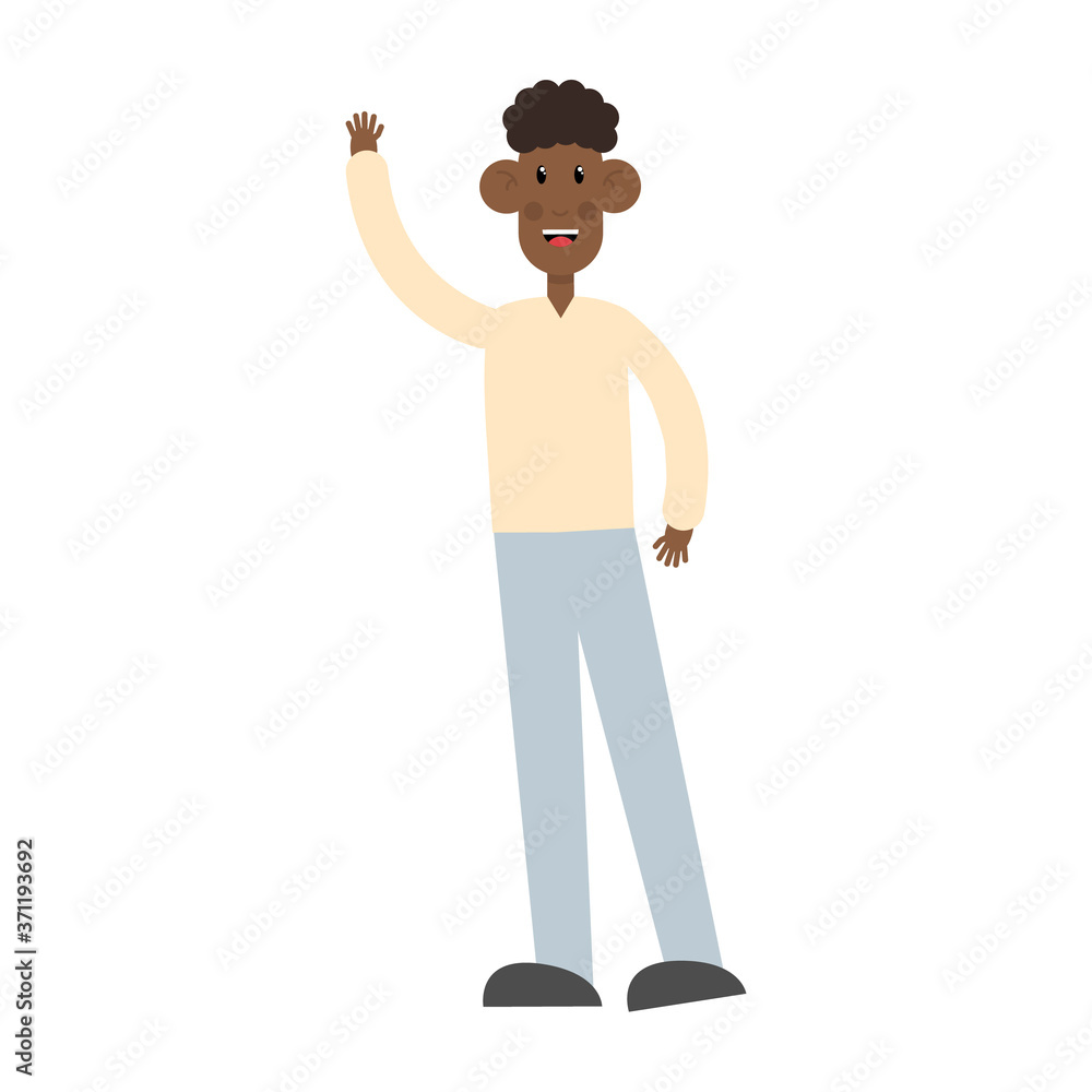 Young african man with raised hand. Employee standing and waving with his hand vector isolated on white. American curly student character celebrating success. Welcoming gesture illustration Young african man with raised hand. Employee standing and waving with his hand vector isolated on white. American curly student character celebrating success. Welcoming gesture illustration