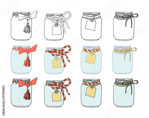 Set of hand drawn mason jars with bows and tags. Stock vector
