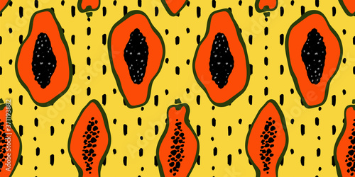 Papaya seamless pattern. Vector color illustration on yellow background. Hand drawn sliced papaya for package, textile or menu design.