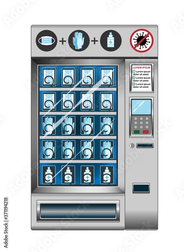 Medical mask, gloves, sanitizer vending machine. Coronavirus Covid-19 preventive protective measure. New normal. Easy to buy the mask in mall, airport and other public places. Vector EPS 10.