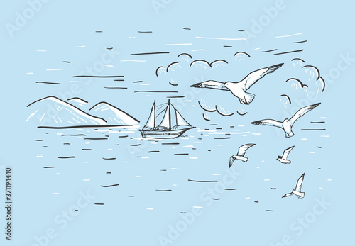 Marine horizontal sketch with hand drawn vector sailboat, mountains, clouds and seagulls on a blue background. Travel concept.