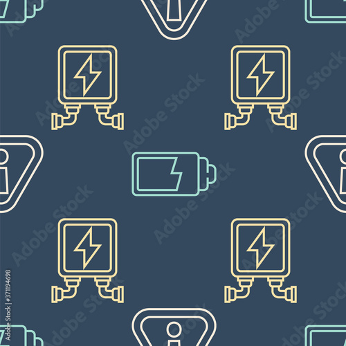 Set line Exclamation mark in triangle, Electric transformer and Battery charge level indicator on seamless pattern. Vector.