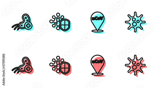 Set line Corona virus 2019-nCoV on location, Positive, Shield protecting from and Virus icon. Vector.