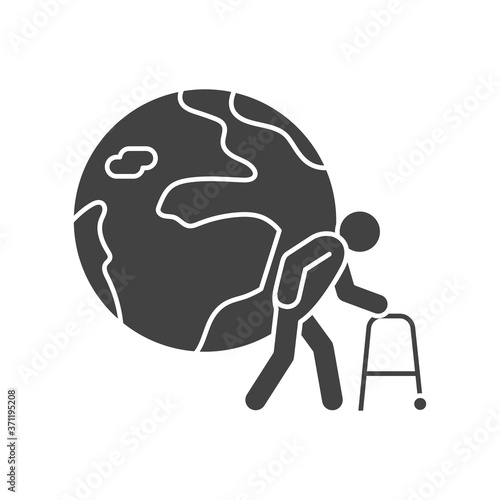 Population ageing black glyph icon. Environmental problems. Sign for web page, app. UI UX GUI design element.