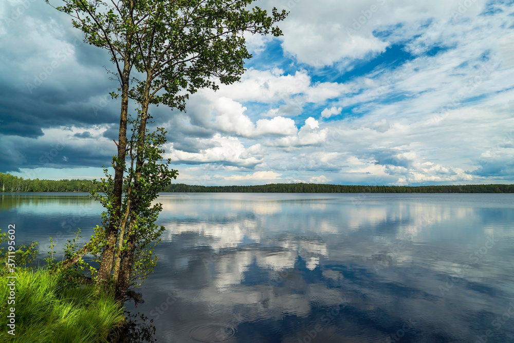 Lake with a mirror image on a Sunny day, blue sky and white clouds. Lake with a mirror image on a Sunny day, blue sky and white clouds.
