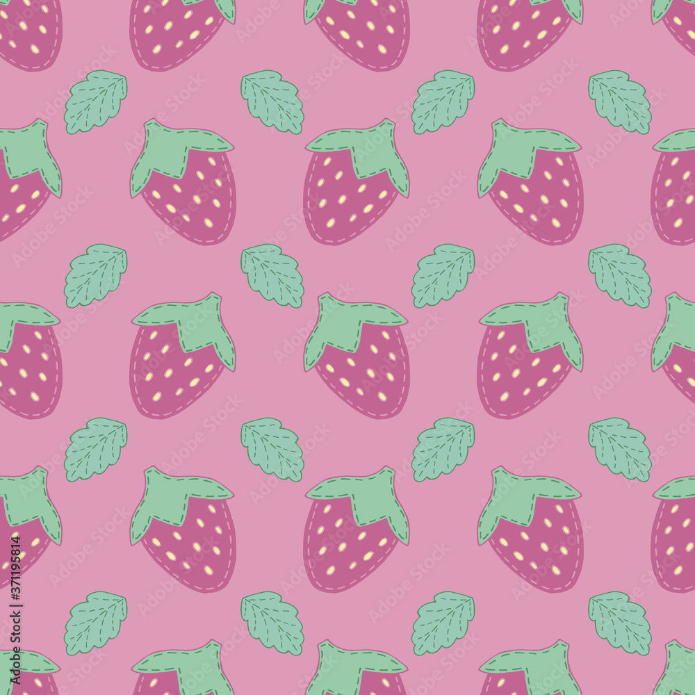 cute strawberries with decorative stitching for girl, toy, vector seamless pattern on pink background cute strawberries with decorative stitching for girl, toy, vector seamless pattern on pink background