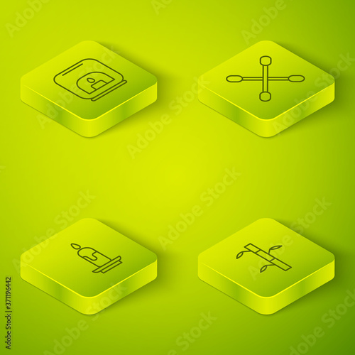 Set Isometric Cotton swab for ears, Burning candle, Bamboo stems with leaves and Aroma lamp icon. Vector.