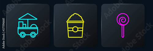 Set line Fast street food cart, Lollipop and Popcorn in box. Black square button. Vector.