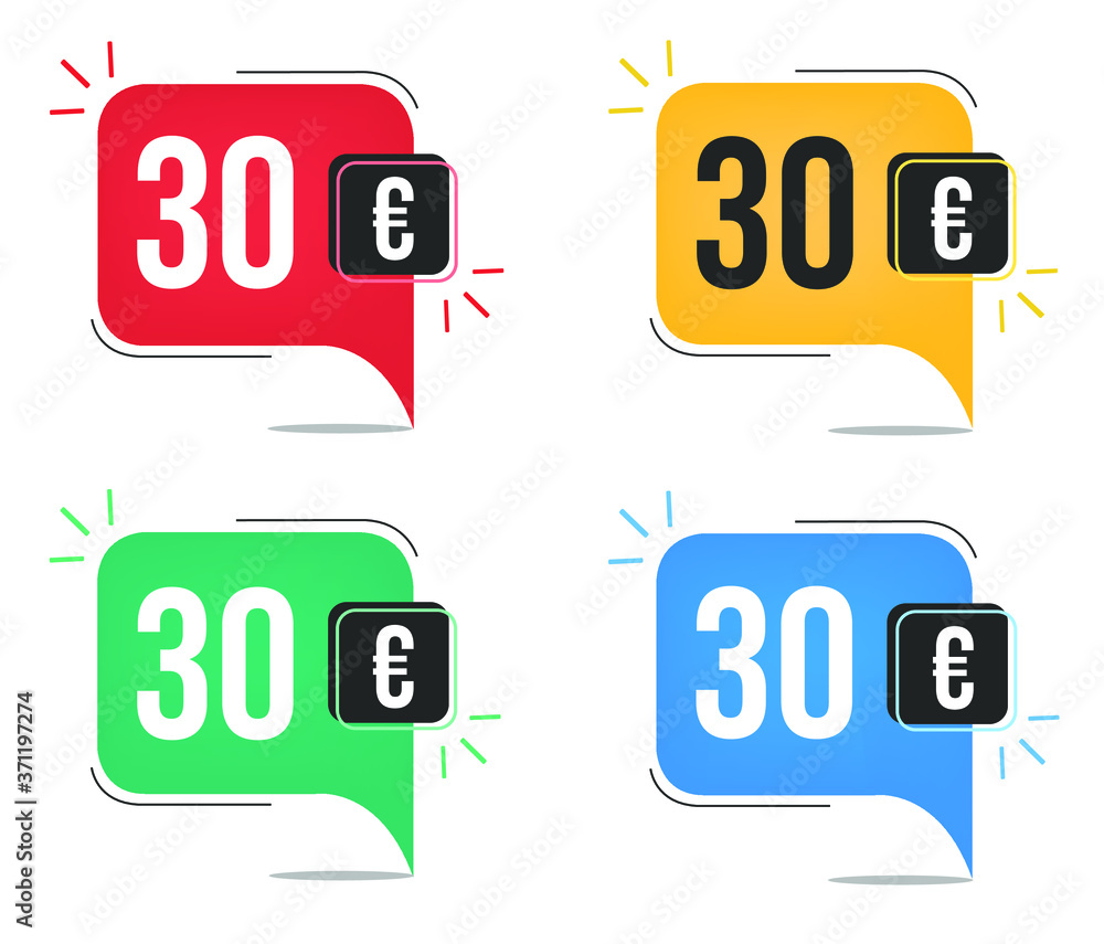 €30 euro price. Yellow, red, blue and green currency tags. Balloon concept with thirty euros for sales. €30 euro price. Yellow, red, blue and green currency tags. Balloon concept with thirty euros for sales.