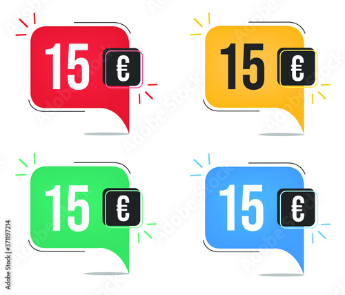 €15 euro price. Yellow, red, blue and green currency tags. Balloon concept with fifteen euros for sales.