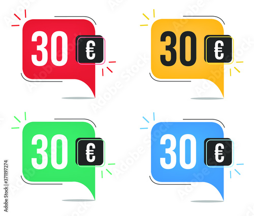 €30 euro price. Yellow, red, blue and green currency tags. Balloon concept with thirty euros for sales.