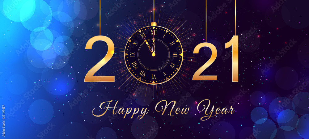 Happy New Year 2021 blue background with bokeh effect, hanging golden numbers, gold vintage clock and lights. Happy New Year 2021 holiday background, poster or greeting card with happy new year text. - obrazy, fototapety, plakaty 