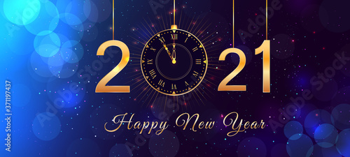 Happy New Year 2021 blue background with bokeh effect, hanging golden numbers, gold vintage clock and lights. Happy New Year 2021 holiday background, poster or greeting card with happy new year text.