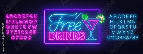 Free drinks neon sign on brick wall background. Pink and blue neon alphabets.
