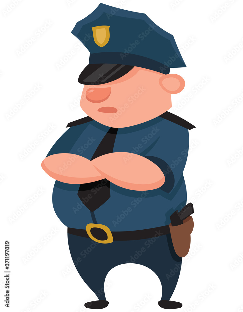 Policeman with her arms crossed. Male character in cartoon style. Policeman with her arms crossed. Male character in cartoon style.