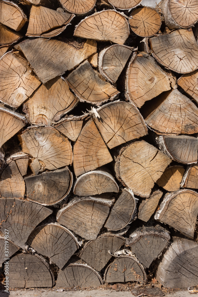 Birch firewood. Front image of firewood saw cuts. Firewood is dried and ready to kindle a fireplace. Cracked wood, texture is clearly visible. Vertical photo, daylight Birch firewood. Front image of firewood saw cuts. Firewood is dried and ready to kindle a fireplace. Cracked wood, texture is clearly visible. Vertical photo, daylight